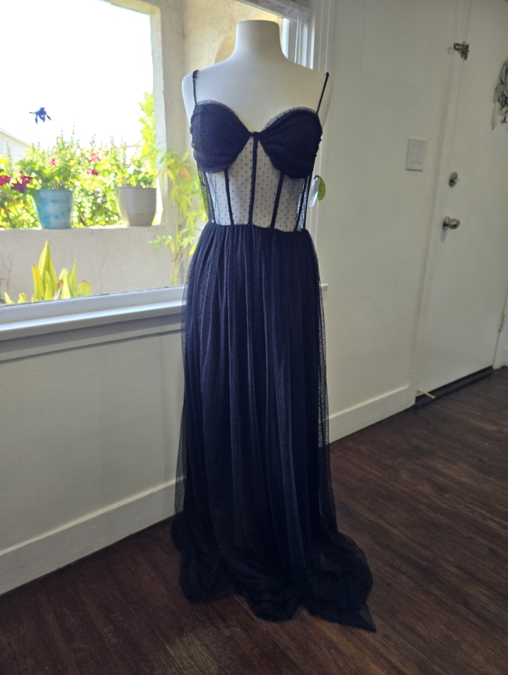 Windsor Black Sheer Polka Dot Corset Maxi Dress
